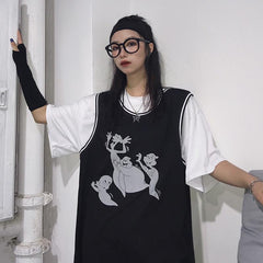 Chaleco con estampado de dibujos animados de fantasmas grunge y camiseta extragrande