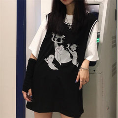 Chaleco con estampado de dibujos animados de fantasmas grunge y camiseta extragrande