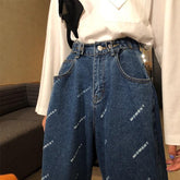 Grunge Girl Letters Print Blue Loose Denim Pants