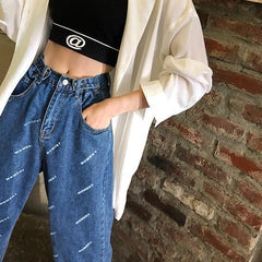 Grunge Girl Letters Print Blue Loose Denim Pants