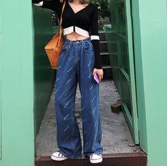 Grunge Girl Letters Print Blue Loose Denim Pants