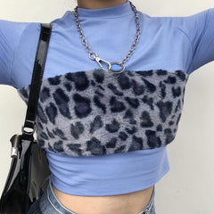 Top de manga larga con estampado de piel sintética de leopardo grunge