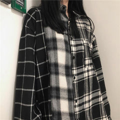 Grunge Patched Plaid Long Sleeved Casual Loose Shirt