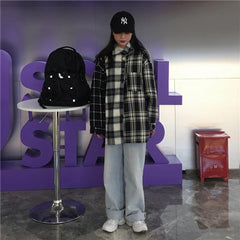 Grunge Patched Plaid Long Sleeved Casual Loose Shirt