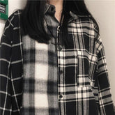 Grunge Patched Plaid Long Sleeved Casual Loose Shirt