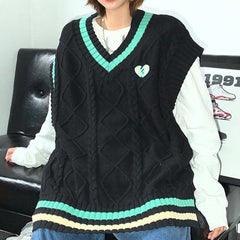 Heart Broken Patch Rhombus Pattern Knit Vest