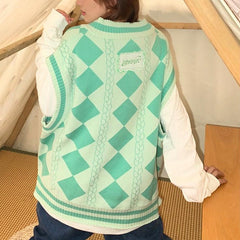 Heart Broken Patch Rhombus Pattern Knit Vest