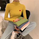 Heart Embroidery Curly Edges Ribbed Turtle Neck Blouse