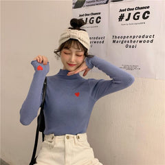 Heart Embroidery Curly Edges Ribbed Turtle Neck Blouse