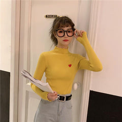 Heart Embroidery Curly Edges Ribbed Turtle Neck Blouse