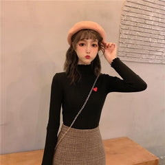 Heart Embroidery Curly Edges Ribbed Turtle Neck Blouse