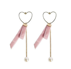 Heart Mettalic Velvet Pink Ribbon Lace Earrings