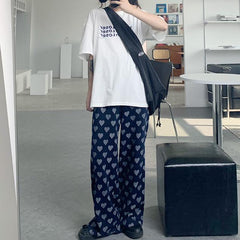 Pantalones rectos extragrandes Ulzzang con estampado de corazón
