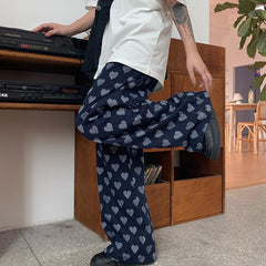 Pantalones rectos extragrandes Ulzzang con estampado de corazón