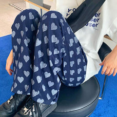 Pantalones rectos extragrandes Ulzzang con estampado de corazón