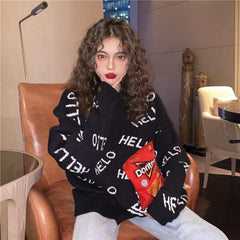 Suéter de punto extragrande con estampado de letras "Hola"