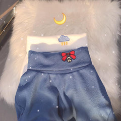 High Neck Cute Embroideries Soft Fleece Blouse