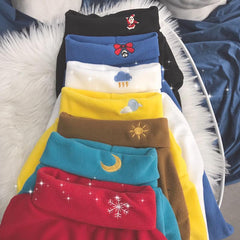 High Neck Cute Embroideries Soft Fleece Blouse