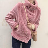 High Neck Fluffy Faux Fur Pink White Belts Zipper Outwear Jacket