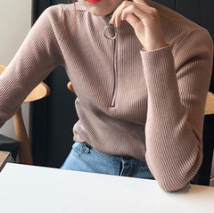 High Neck Zipper Front Line Ring Long Sleeve Knit Slim