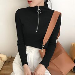 High Neck Zipper Front Line Ring Long Sleeve Knit Slim