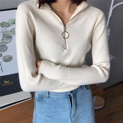 High Neck Zipper Front Line Ring Long Sleeve Knit Slim
