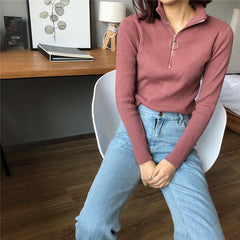 High Neck Zipper Front Line Ring Long Sleeve Knit Slim