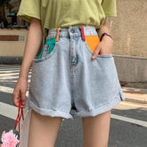 High Waist Colorful Pockets Blue Denim Shorts
