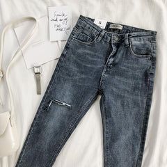 High Waist Knee Ripped Holes Denim Washed Jeans