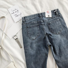 High Waist Knee Ripped Holes Denim Washed Jeans