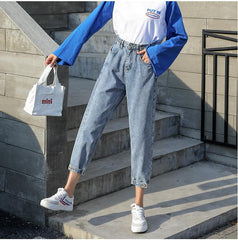 High Waist Retro Blue Gray Black Ankle Buttons Jeans