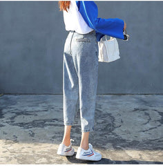 High Waist Retro Blue Gray Black Ankle Buttons Jeans