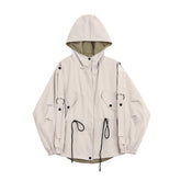 Hooded Windbreaker Casual Beige Drawstring Waist Jacket