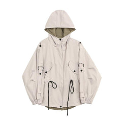 Hooded Windbreaker Casual Beige Drawstring Waist Jacket