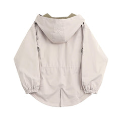 Hooded Windbreaker Casual Beige Drawstring Waist Jacket