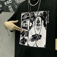 Loses, weißes und schwarzes T-Shirt mit Itachi-Manga-Streifen-Print