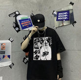 Itachi Manga Strip Print Loose White Black T-Shirt