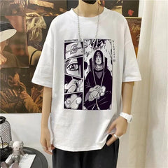 Loses, weißes und schwarzes T-Shirt mit Itachi-Manga-Streifen-Print