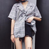 Jacket Style Open Back Casual Purple Plaid Shirt