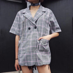 Jacket Style Open Back Casual Purple Plaid Shirt