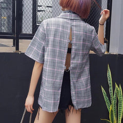 Jacket Style Open Back Casual Purple Plaid Shirt