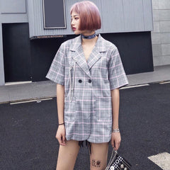 Jacket Style Open Back Casual Purple Plaid Shirt
