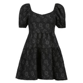 Jacquard Floral Print Puff Sleeves Black Dress