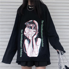 Japanese Horror Manga Girl Print Loose Black Sweatshirt