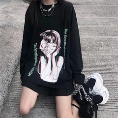 Japanese Horror Manga Girl Print Loose Black Sweatshirt