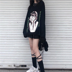 Japanese Horror Manga Girl Print Loose Black Sweatshirt