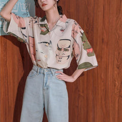 Japanese Noh Theater Masks Pattern Loose White Shirt