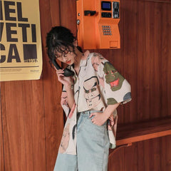 Japanese Noh Theater Masks Pattern Loose White Shirt