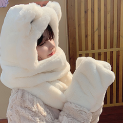 Kawaii Fluffy Bear Ears Hat And Plush Scarf
