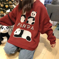 Suéter de punto extragrande con bordado de pandas kawaii